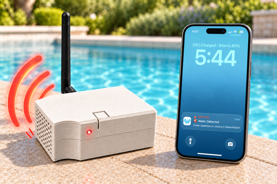 The WaterWatch hub poolside with its alert light on and siren sounding, beside a phone showing a critical water-detected notification