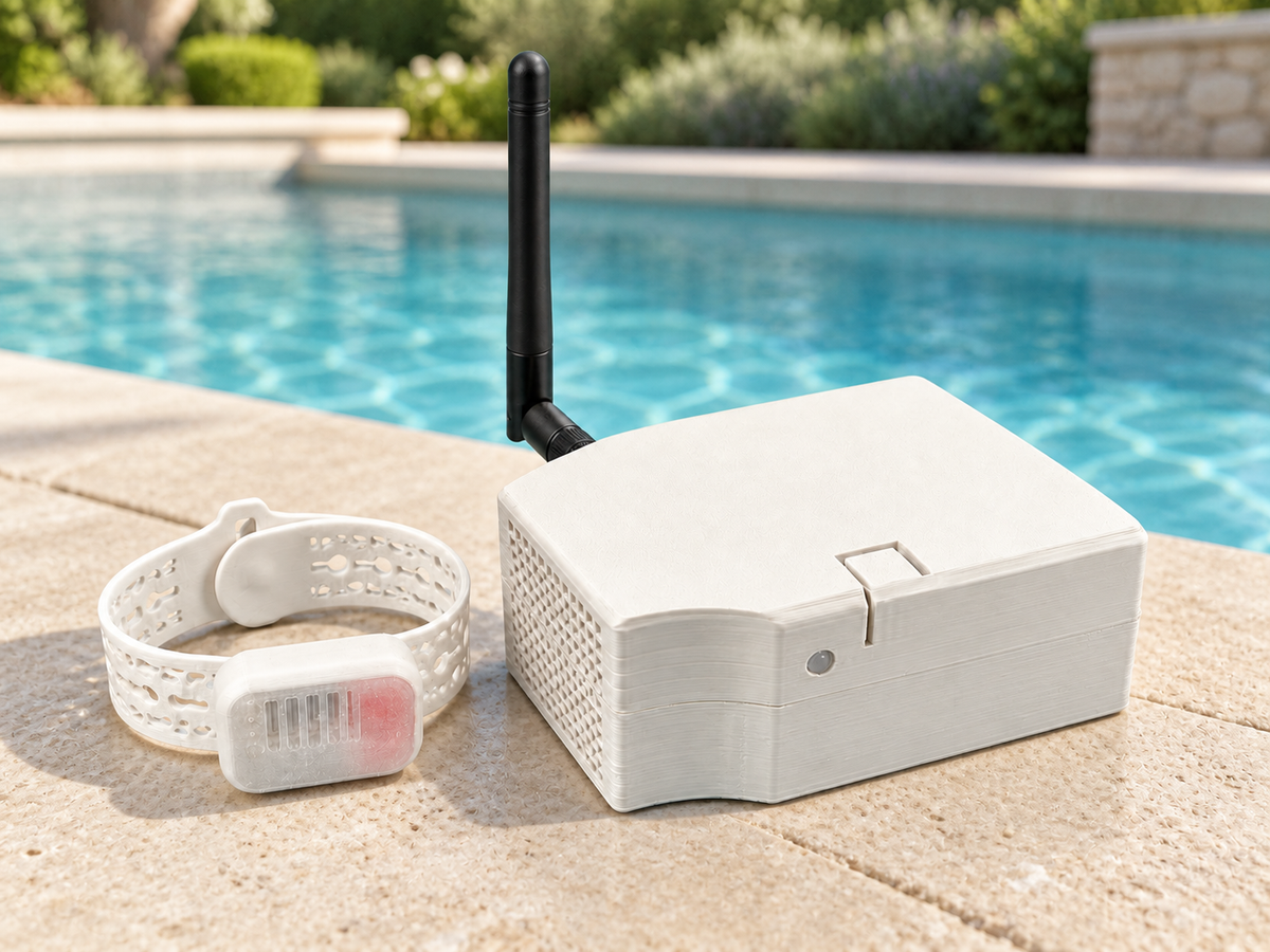 The WaterWatch band and poolside hub together on a pool deck