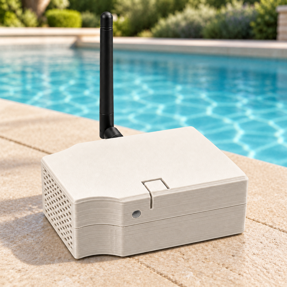 The WaterWatch hub sitting on a pool deck