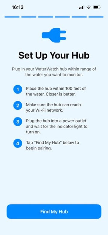 WaterWatch app: Set Up Your Hub, with instructions to plug the hub in near the water