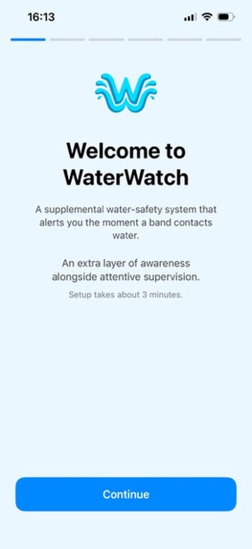 WaterWatch app: the welcome screen at the start of setup