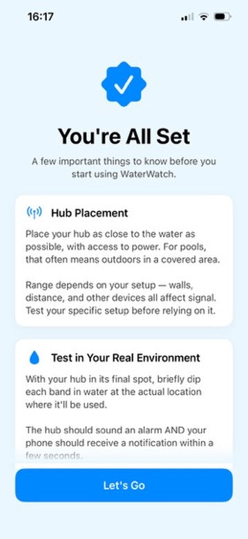 WaterWatch app: You're All Set, covering hub placement and testing in your real environment