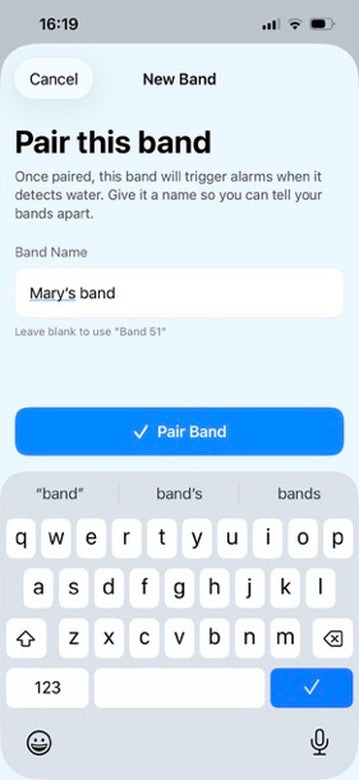 WaterWatch app: naming a band before pairing it